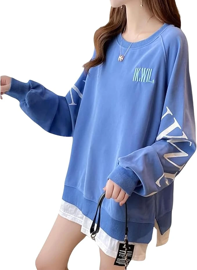 Áo nỉ dài tay nữ kiểu xếp lớp, nhẹ, thích hợp cho mùa xuân, thu và đông, kiểu áo chui đầu giả xếp lớp (cỡ lớn)
