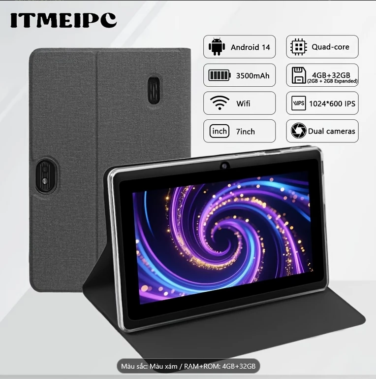 Máy tính bảng ITMEIPC 7 inch/17.8cm Android 14, RAM 4GB (2GB + 2GB mở rộng), ROM 32GB, Bộ xử lý lõi tứ, Pin 3500Mah