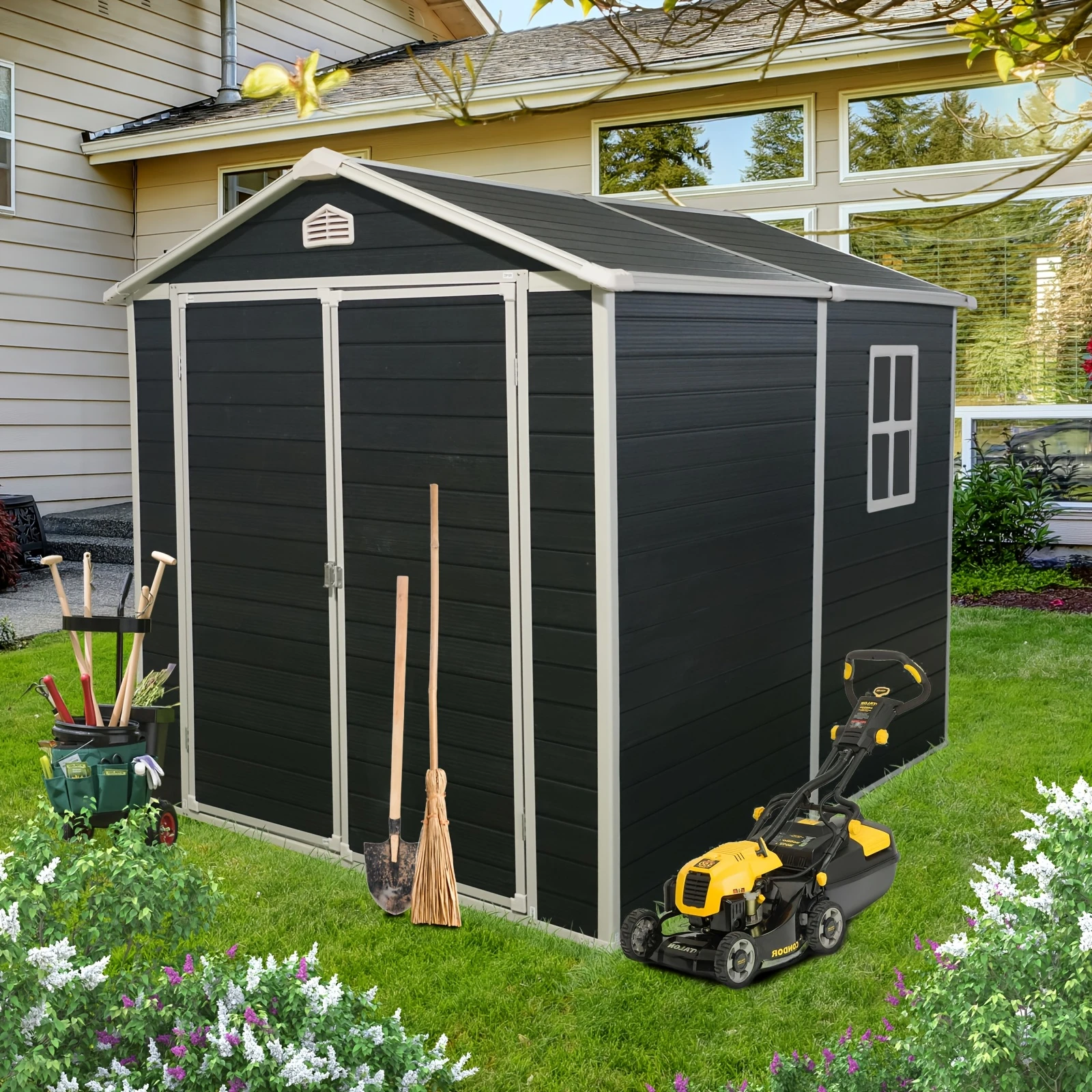 Nhà kho chứa đồ bằng nhựa resin ngoài trời kích thước lớn, rộng 190Cm × sâu 243Cm × cao 210Cm, có cửa sổ và tấm giường. Chắc chắn, bền bỉ, sức chứa lớn, chống gỉ và chống thấm nước.