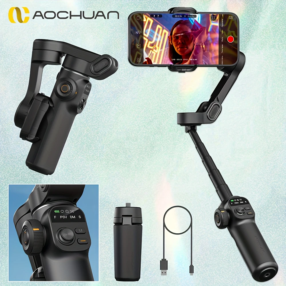 AOCHUAN Gimbal Pro 3 Trục Chống Rung Điện Thoại Thông Minh X2, Gimbal Ổn Định Tích Hợp, Cán Kéo Dài 19Cm