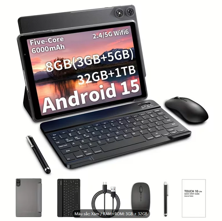 Máy tính bảng PRITOM 10 inch với Android 15, RAM 8GB và ROM 32GB, bộ nhớ mở rộng 256GB, pin 6000mAh, Wifi 6 2.4/5G