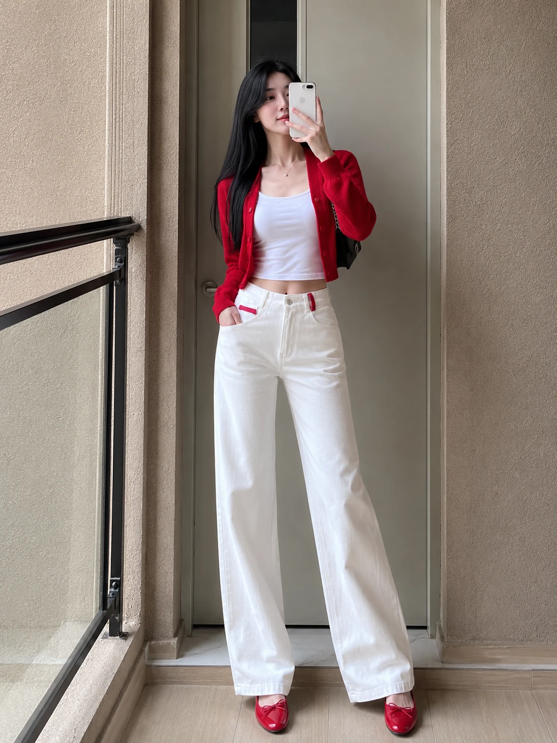 🤍 QUẦN JEANS TRẮNG ỐNG RỘNG PHỐI ĐAI ĐỎ CỰC CHẤT 🤍