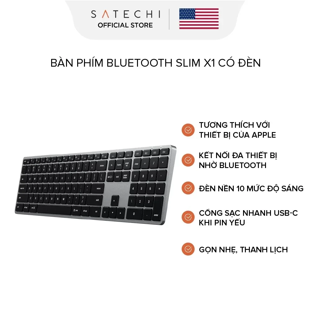 SATECHI Bàn phím bluetooth Slim X1 / X2 / X3 có đèn nền pin 2 tháng, dùng cho window, ios
