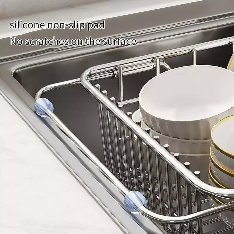 Rổ Inox Gác Bồn Rửa Bát Đa Năng, Rổ Rửa Rau Ráo Nước, Giá Để Bát Gác Bồn Rửa Có Thể Kéo Dài Thu Gọn Tiện Lợi